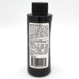A black plastic bottle with a black cap, featuring a white label with detailed instructions, guidelines, and ingredient information printed in small text on the back. A barcode is visible at the bottom of the label.