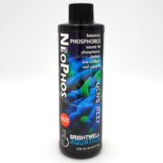A black bottle of Brightwell Aquatics NeoPhos, featuring blue and green coral imagery. The label highlights it as a phosphorus source for reef aquaria, with a volume of 250 ml (8.45 fl oz).