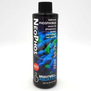 A black bottle of Brightwell Aquatics NeoPhos, featuring blue and green coral imagery. The label highlights it as a phosphorus source for reef aquaria, with a volume of 250 ml (8.45 fl oz).