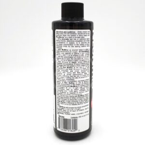 A black plastic bottle with a black cap, shown from the back. The label features detailed instructions and guidelines in small, dense text, but the text is difficult to read in the image.
