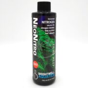 A 250 ml bottle of Brightwell Aquatics NeoNitro, a nitrogen supplement for reef aquariums. The label is black with green coral imagery and white and blue text describing its use for nitrogen-limited, low-nutrient reef aquaria.