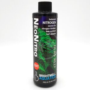 A 250 ml bottle of Brightwell Aquatics NeoNitro, a nitrogen supplement for reef aquariums. The label is black with green coral imagery and white and blue text describing its use for nitrogen-limited, low-nutrient reef aquaria.