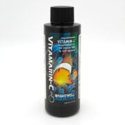 A black bottle labeled VitaMarin-C by Brightwell Aquatics, a concentrated vitamin C supplement for marine fish and reef aquaria. The label features a clownfish image and blue coral graphics.