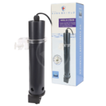 A black cylindrical UV sterilizer with a clear mounting bracket beside its blue and white retail box labeled AquaShield UV Sterilizer/Clarifier and featuring product details and an image of the device.