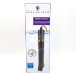 A boxed AquaShield Universal UV-C Sterilizer for aquariums, featuring a photo of the device on the front and product details about its ability to sterilize water and remove algae, parasites, bacteria, and protozoa.