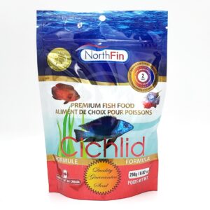A package of NorthFin Cichlid Formula premium fish food, featuring images of colorful fish, product details in English and French, and a red “Quality Guarantee Seal.” The package contains 250g (8.8 oz) of fish food.