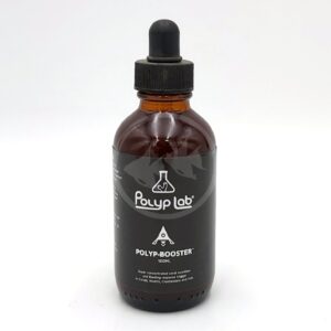A brown glass dropper bottle labeled Polyp Lab Polyp-Booster 100mL with a black cap and dropper, designed for aquarium use, against a plain white background.