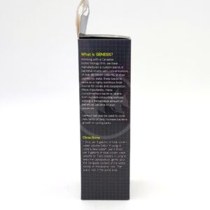 Side view of a product box with yellow text describing What is GENESIS? and Directions for use. The box has a dark background with a dotted pattern and the top is slightly open.