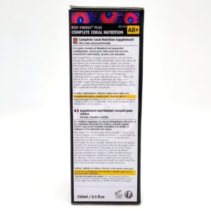 Box of Red Sea Reef Energy Plus AB+ Complete Coral Nutrition supplement, 250ml size. The package features detailed product information and instructions in English and French on a white background.