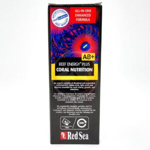 A box of Red Sea Reef Energy Plus AB+ Coral Nutrition supplement, featuring colorful coral imagery and text highlighting it as an all-in-one enhanced formula for coral growth and coloration.