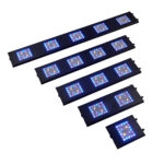 Five rectangular LED light panels of varying sizes emit blue and white light. The panels are arranged in a fan pattern on a white background, with the smallest at the bottom right and largest at the top left.