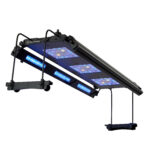 A black aquarium LED light fixture with multiple rows of blue and white LEDs, suspended by adjustable mounting brackets.