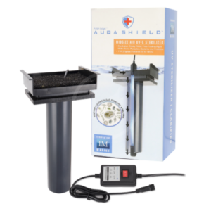 A UV-C sterilizer for aquariums is shown with its box, a power adapter, and a control switch. The box displays product branding, features, and an illustration of the device in use.
