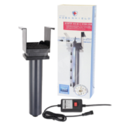 A UV-C sterilizer device with a black cylindrical base, a power cord and control box, next to its packaging box featuring product images and branding.