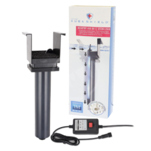 A UV-C sterilizer device with a black cylindrical base, a power cord and control box, next to its packaging box featuring product images and branding.