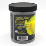 A jar of Xtreme Aquatic Foods fish food with a black lid. The label shows a yellow fish and product information, including ingredients and feeding instructions, in yellow and white text on a dark background.