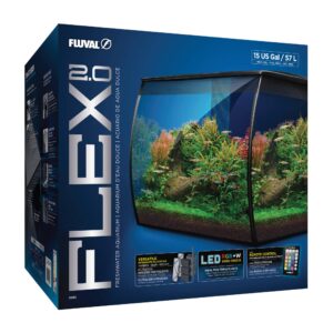 Box for the Fluval Flex 2.0 freshwater aquarium, featuring a photo of a curved 15-gallon (57L) aquarium with LED lighting and remote control, along with highlighted features and branding on a blue background.
