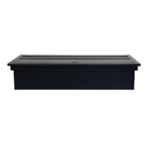 A black rectangular plastic storage container with a flat lid, front view against a white background, featuring the sleek design of the SEAPORA MONARCH CANOPY.