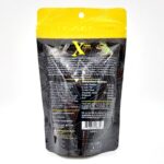 A resealable black and yellow pouch of Xtreme Aquatic Foods, showing the back label with feeding instructions, guaranteed analysis, ingredients, and storage directions printed in white text.