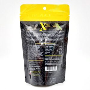 A resealable black and yellow pouch of Xtreme Aquatic Foods, showing the back label with feeding instructions, guaranteed analysis, ingredients, and storage directions printed in white text.