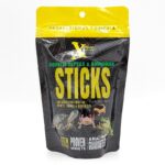 A black and yellow resealable bag labeled Aquatic Reptile & Amphibian Sticks with images of turtles, newts, frogs, and axolotls on the front. The package highlights floating, 3mm food sticks.
