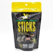 A black and yellow resealable bag labeled Aquatic Reptile & Amphibian Sticks with images of turtles, newts, frogs, and axolotls on the front. The package highlights floating, 3mm food sticks.