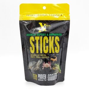 A black and yellow resealable bag labeled Aquatic Reptile & Amphibian Sticks with images of turtles, newts, frogs, and axolotls on the front. The package highlights floating, 3mm food sticks.