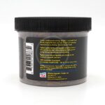 A plastic container with a black lid features a label describing Xtreme Aquatic Foods, highlighting its nutritional quality, lack of added hormones, and feeding instructions. Contact information is printed at the bottom.