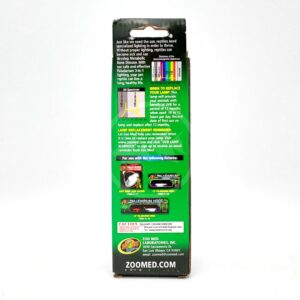 Back of a Zoo Med ReptiSun 10.0 UVB lamp box showing replacement instructions, product images, caution information, and contact details on a green background.