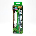 A green box labeled Paludarium 3-in-1 Lamp from Zoo Med is shown, featuring images of reptiles and plants. A portion of the white light bulb inside the packaging is visible through a cut-out window.