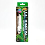 A green box labeled Paludarium 3-in-1 Lamp from Zoo Med is shown, featuring images of reptiles and plants. A portion of the white light bulb inside the packaging is visible through a cut-out window.