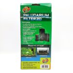 Green and black packaging for a Zoo Med Paludarium Filter 20. Text highlights features, mounting options (vertical, horizontal), and a product image. Box includes company info and website at the bottom.