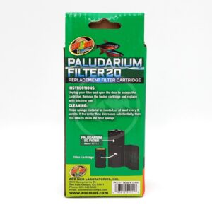 Front view of a green box labeled PALUDARIUM FILTER 20 Replacement Filter Cartridge by Zoo Med. The box features instructions and a product image showing the filter cartridge and related parts.
