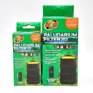 Two green boxes of Zoo Med Paludarium Filter replacement cartridges are shown: one labeled Filter 10 and the other Filter 20. Both highlight features like activated carbon and reusability.