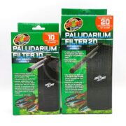 Two green boxes of Zoo Med Paludarium Filters, one for up to 10 gallons and one for up to 20 gallons of water. Both feature images of the filter and a fish, with product details and logos on the packaging.