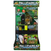 A store display of Zoo Med Paludarium products, including a habitat kit, filter, cork rounds, platform, suction cup, and New Zealand sphagnum moss, all in green and black packaging.