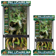 Two glass paludarium tanks of different sizes, filled with plants, moss, and branches, are displayed side by side. Both tanks have green Paludarium labels and informational images on the front panels.