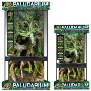 Two glass paludarium tanks of different sizes, filled with plants, moss, and branches, are displayed side by side. Both tanks have green Paludarium labels and informational images on the front panels.