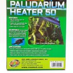 Box for the Paludarium Heater 50, showing product features, application information, company details, and an image of the heater mounted in a tank with plants and water.