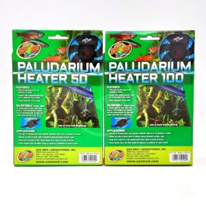 Two packages of Zoo Med Paludarium Heaters, labeled Heater 50 and Heater 100, with images of fish and the heaters. Green and yellow packaging highlights features and application details.
