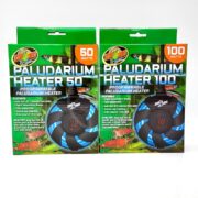 Two boxes of Zoo Med Paludarium Heaters are displayed side by side. The left box is 50 watts and the right box is 100 watts. Both feature images of the heaters and have green and orange accents with animal images.