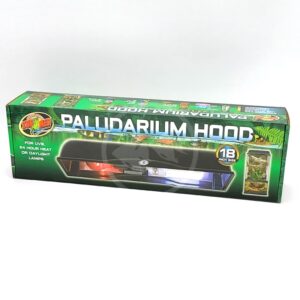A green box labeled Paludarium Hood from Zoo Med, suitable for 18-inch setups, designed for use with UVB, 24-hour heat, or daylight lamps. Images of terrariums and reptiles decorate the packaging.