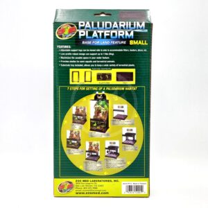 Back of a Zoo Med Paludarium Platform box showing features, instructions, and steps for setting up a habitat. The packaging is mostly green and yellow with images and text explaining product use.