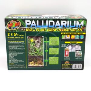 Box of Zoo Med’s Paludarium UVB & Plant Growth Lighting Kit. The packaging shows lighting equipment, a diagram of a terrarium setup, and information about UVB, LED, and lighting benefits for plants and reptiles.