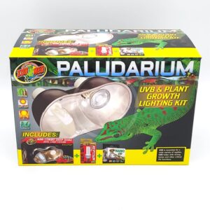 A box labeled Paludarium UVB & Plant Growth Lighting Kit featuring a green lizard, images of the lighting kit, included accessories, and bright colors with product details and brand logos.