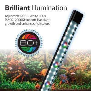 The FLUVAL FLEX 2.0 BLACK TANK KIT includes an LED aquarium light with adjustable RGB and white LEDs, offering over 80 color options to enhance plant growth and make fish colors more vivid.