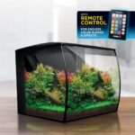 A FLUVAL FLEX 2.0 BLACK TANK KIT with vibrant aquatic plants rests on a wooden surface. In the top right corner, a remote control offers endless color blends and effects.