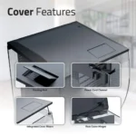 Image of the FLUVAL FLEX 2.0 BLACK TANK KIT terrarium cover with labeled features: feeding port, power cord channel, integrated cover risers, and rear cover hinges. Insets show each feature on the black mesh cover.
