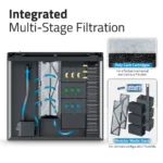 Diagram of the FLUVAL FLEX 2.0 BLACK TANK KIT’s integrated multi-stage filtration, illustrating water flow through poly-carb cartridges and a modular media stack, with labeled mechanical and chemical filtration stages.