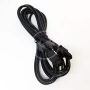 A black power cable with two rectangular connectors, coiled neatly on a white background.